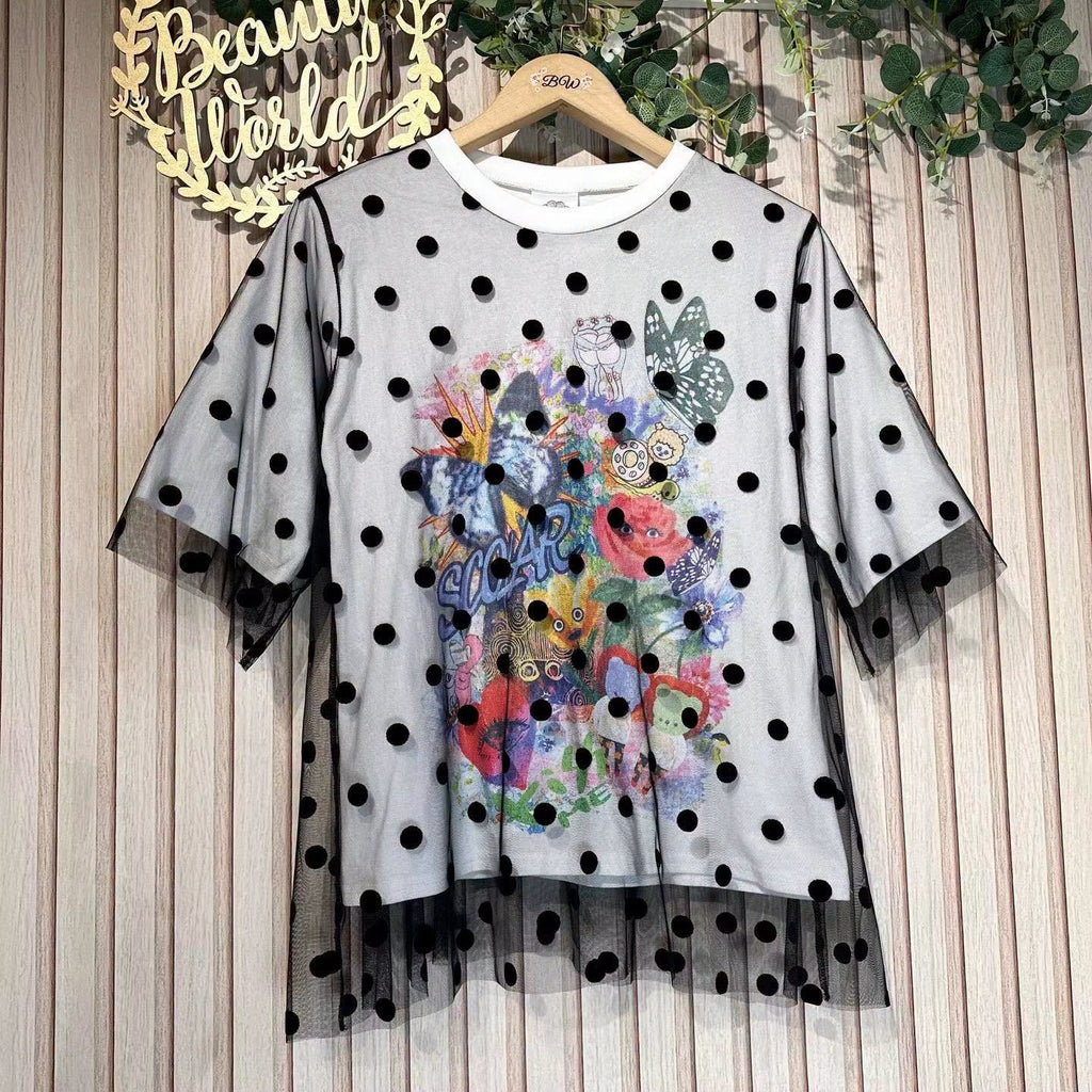 ❤️快閃⚡️$249 🇯🇵 新品 ScoLar 圓點薄紗印花上衣 162630 童話般的印花 色彩繽紛、充滿活力 白併黑紗色入