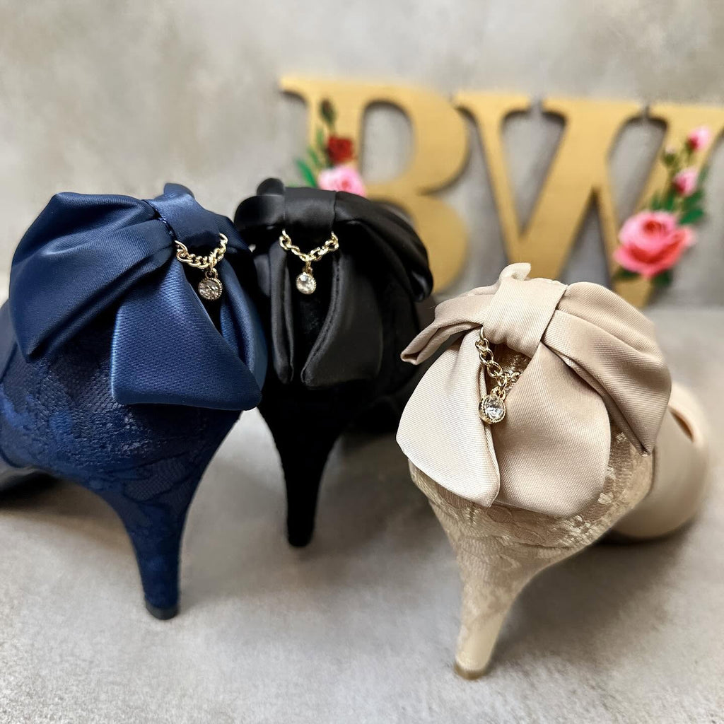 On Sale❤️快閃⚡️$585 VIP$567 🇯🇵 新品JELLY BEANS 7.5cm 高 高跟鞋 👠 後踭及鞋踭拼喱士 立體蝴蝶結吊閃石高貴 204-59040 好好著白兔🐰仔系列 米/黑/紺3色入