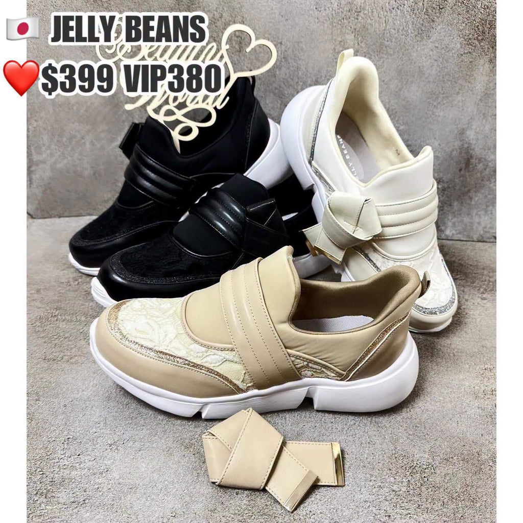 ❤️$399 VIP$380 🇯🇵新品 JELLY BEAMS 4cm高厚底休閒鞋 內包棉布好舒服 蝴蝶結可拆  合成皮拼喱士再加幼閃邊 呢款偏大 215-56181 米/黑/杏3色入