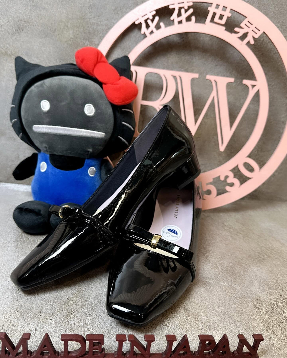 ❤️$650 VIP$630 🇯🇵 JELLY BEANS 3cm 高晴雨鞋 325-59134 漆皮小方頭 綴蝴蝶結 杏/黑 2色入