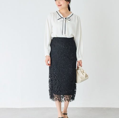 On Sale❤️快閃$199 VIP$180 🇯🇵 新品 INCEDE 刺繡蕾絲圖案半橡筋腰半截裙 5353030  黑/淺灰 2色入