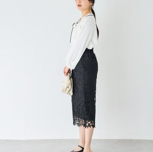 On Sale❤️快閃$199 VIP$180 🇯🇵 新品 INCEDE 刺繡蕾絲圖案半橡筋腰半截裙 5353030  黑/淺灰 2色入