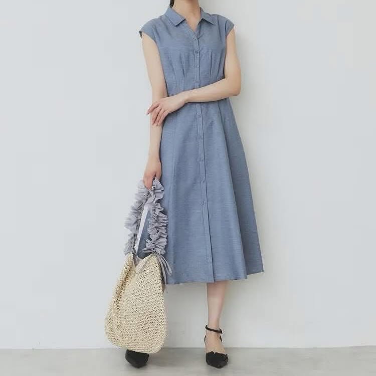 On Sale ❤️快閃⚡️$399 🇯🇵 新品 Index 棉麻料連身裙 仿亞麻襯衫裙[可機洗] C58-52011 藍/ 粉橙色/華田色