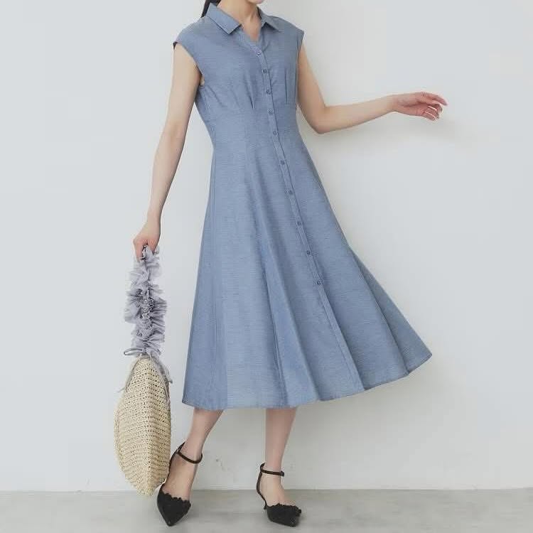 On Sale ❤️快閃⚡️$399 🇯🇵 新品 Index 棉麻料連身裙 仿亞麻襯衫裙[可機洗] C58-52011 藍/ 粉橙色/華田色