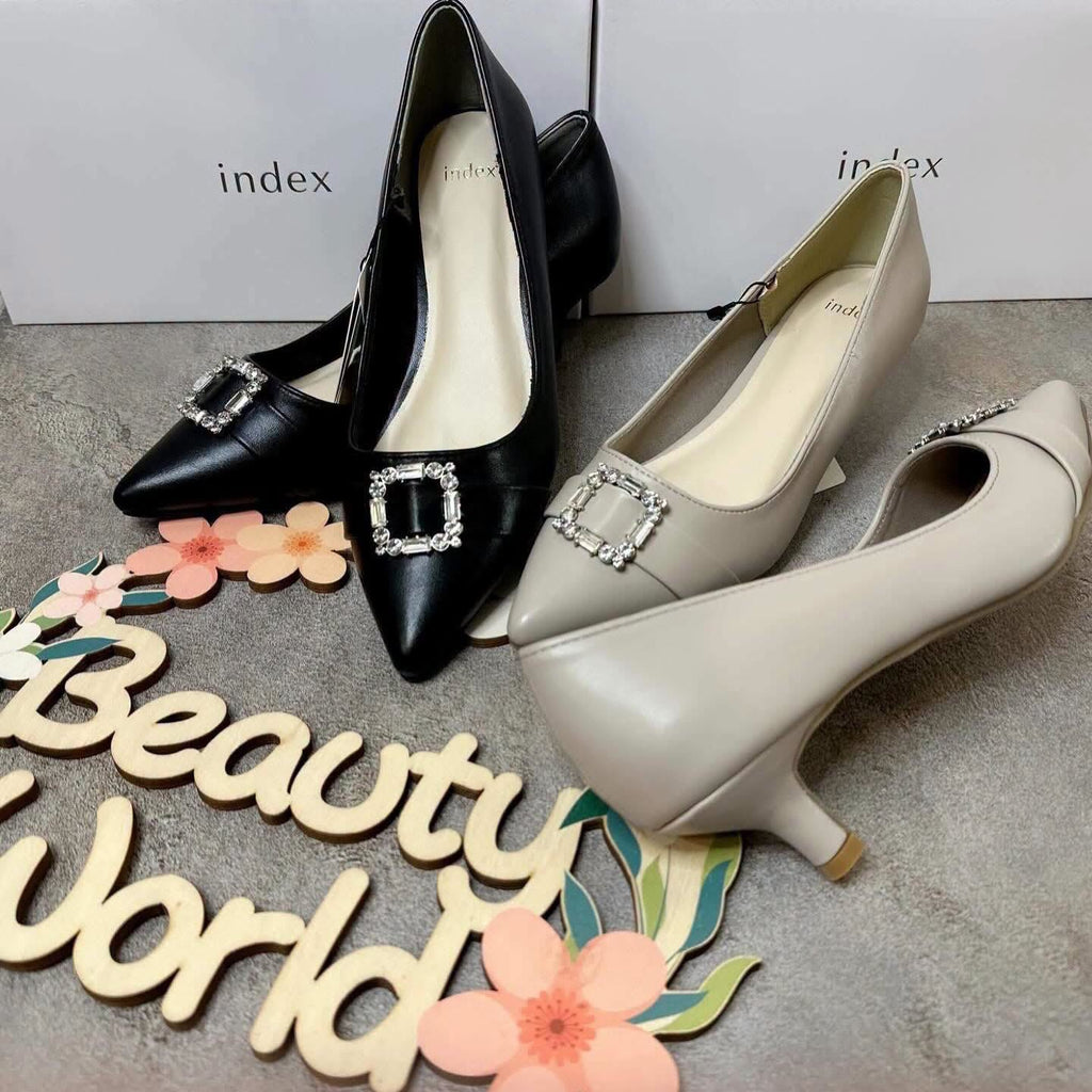On Sale❤️快閃⚡️$399 VIP$380 🇯🇵新品Index 合成皮5cm 高尖頭鞋 C59-25023 閃石方扣   鞋墊鞋頭部位除箘抗臭  防滑鞋底 黑/杏2色入